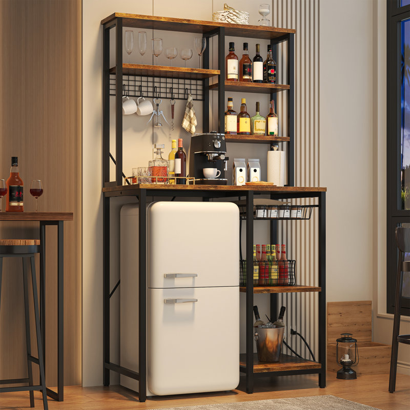 Mini-réfrigérateur avec rangement Kepptory, micro-ondes et organisateur de bar à café avec prise de courant, grandes tablettes de rangement pour appareils de cuisine, parfait pour le dortoir, café-bar, brun rétro