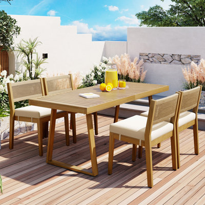 U_Style Multi-person Outdoor Acacia Wood Dining Table and Chair Set, Thick Cushions, Suitable for Balcony, Vourtyard, and Garden.