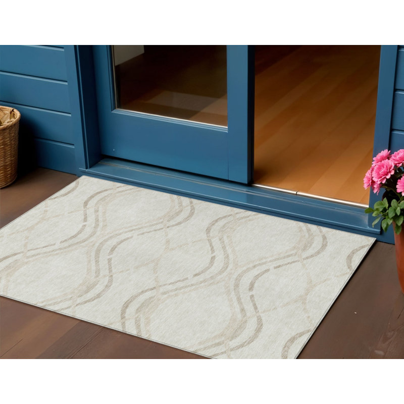 Tapis extérieur lavable abstrait beige ivoire et taupe 3 pi x 5 pi