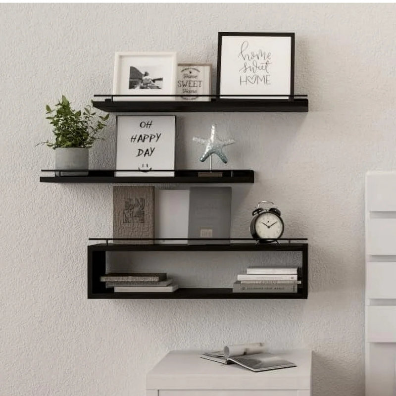 Floating Wall Shelves With Cube Shelf & Metal Rail For Bathroom, Over Toilet Storage Organizer, Black