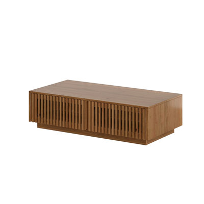 Mid Century Modern Solid Wood Coffee Table with Slatted Storage Drawers, Rectangular Low Profile Wooden Cocktail Table, Farmhouse Hidden Storage Cente
