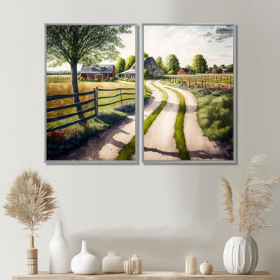 Calm Red Barn In Spring IV - Large Barn Landscape Wall Art 2 Pieces