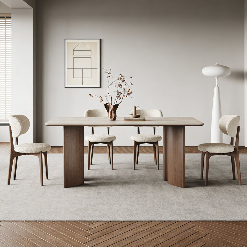 Mid-Century Rectangular Wood & Stone Table, 26.9" H x 70.9" W x 35.4" D, 5 Pieces: Table, 4 Chairs