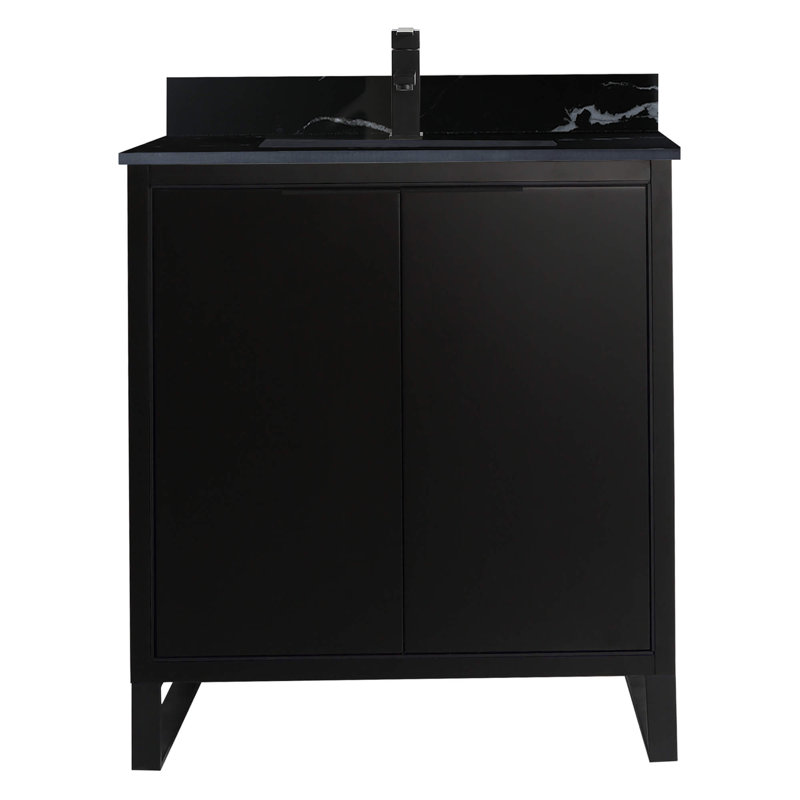 Ensemble de meuble-lavabo simple autoportant 30 po avec plateau en pierre Gesa, Noir mat, Noir mat