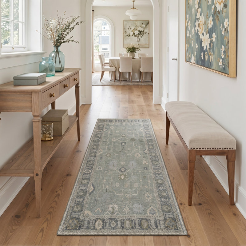 Tapis de couloir oriental bleu / gris lavable à la machine avec envers antidérapant, Tapis de couloir 96 po x 30 po