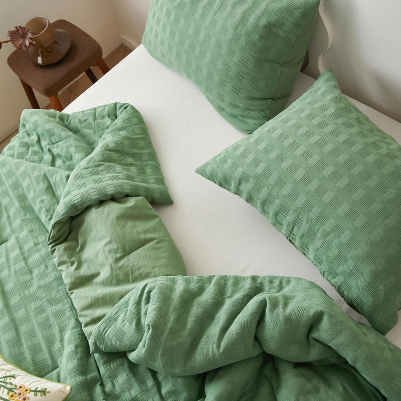 Ensemble d'édredon 100% coton gaufré, Lit simple 1 lit moelleux 1 taie décorative 1 tai, Vert forêt