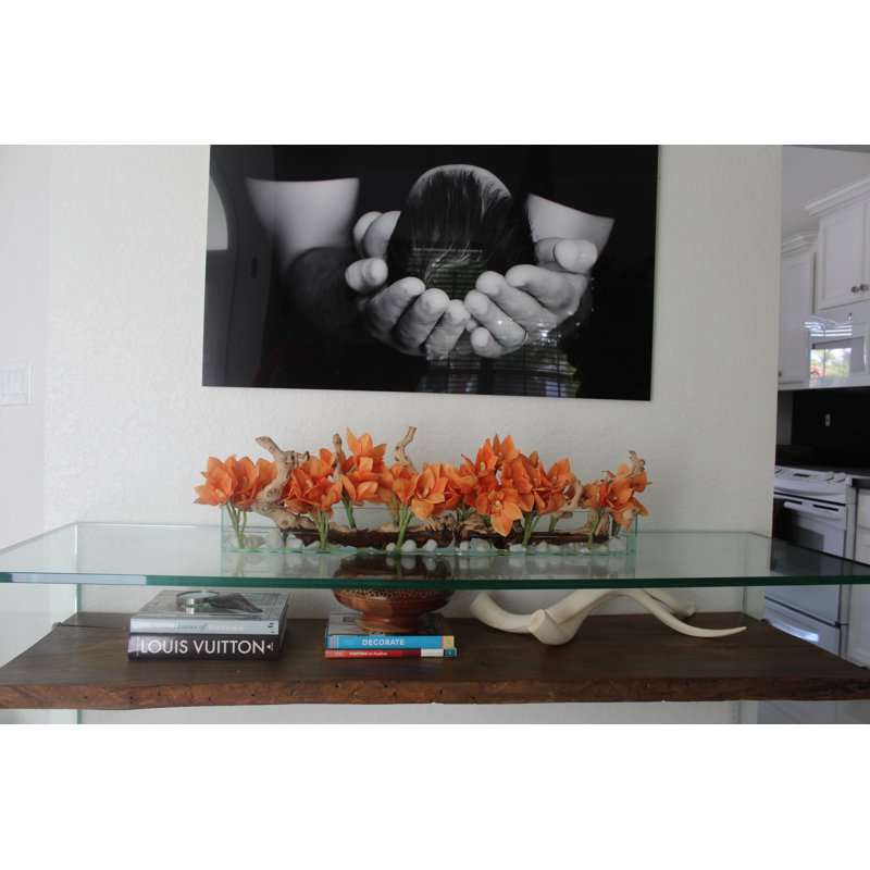 Driftwood Cymbidium Orchids Centerpiece in Glass Planter, Orange, 8" H x 48" W x 6" D