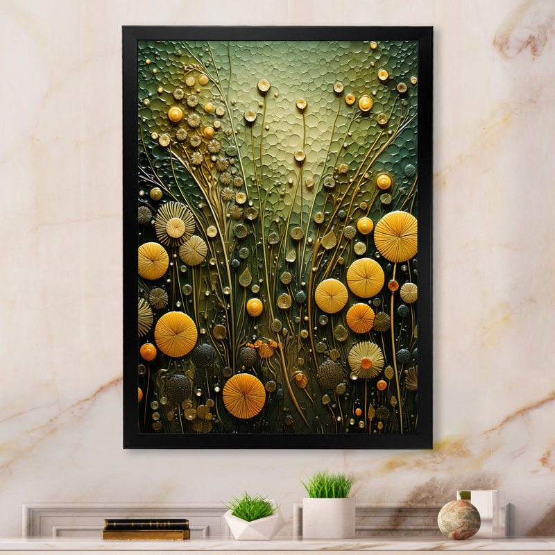 Plantes botaniques abstraites vertes et jaunes 2 - Tachisme, art mural large, Cadre simple noir, H 20 po x l 12 po x P 1 po