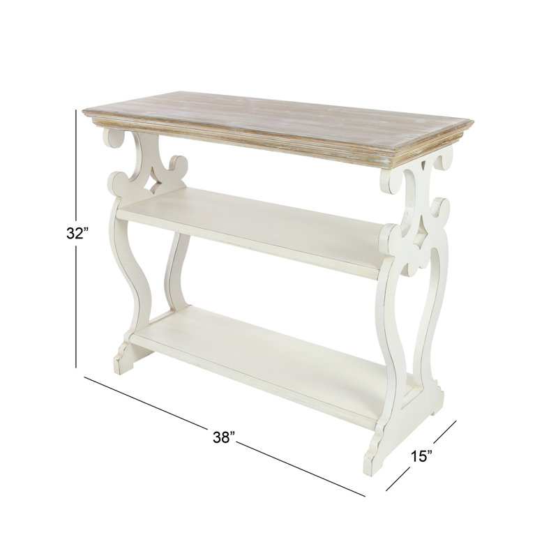 Czajkowski Wood Scroll Side Frames 2 Shelf Console Table with Brown Wood Top, White