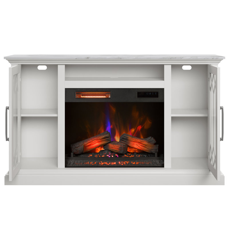 Console média de foyer électrique pour téléviseur de 65 pouces avec portes en verre duraflame®, blanc éclatant