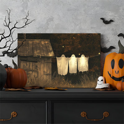 Tableau sur toile encadré (1 pièce), motif fantôme d'Halloween sur une corde à linge, idéal pour décorer salon, chambre, bureau, salle de bain, dortoir ou toute autre pièce. Prêt à accrocher.