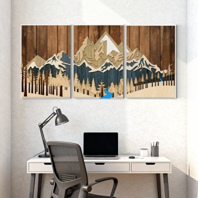 Landscape & Nature Mountain Forest River Reflection Wood Art Set of 3 Canvas Wall Art Prints