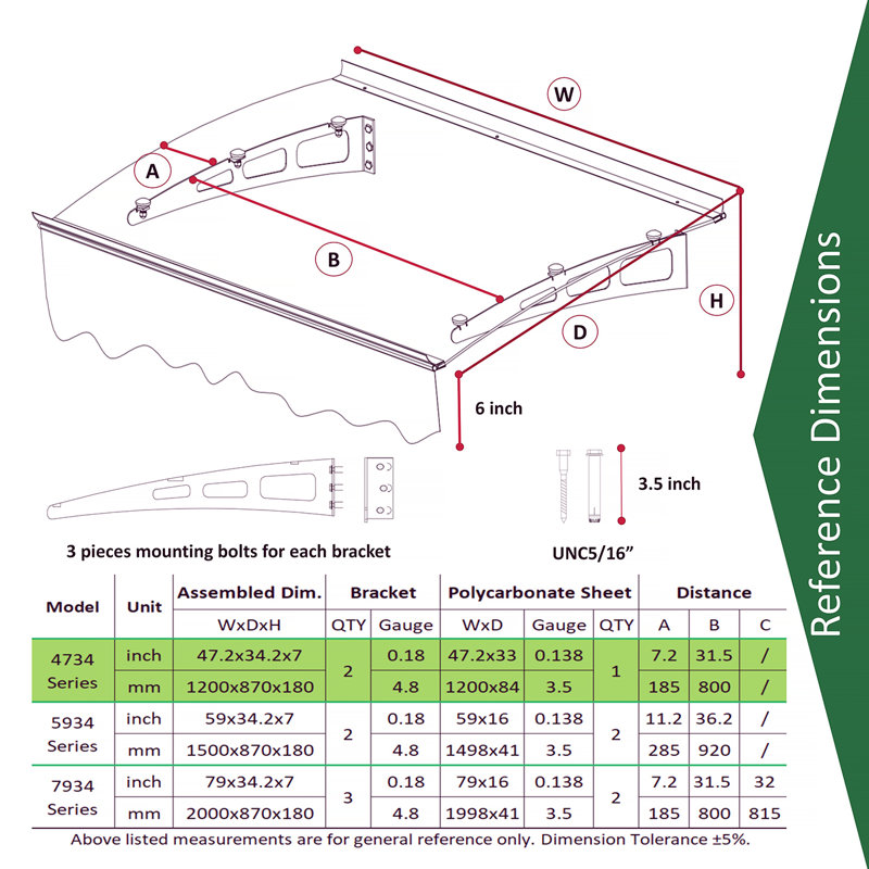 Series Door Window Awning Made Of 0.137 Inch Thick Crystal Solid Polycarbonate Sheet And Aluminum Alloywith Valance In Size Of 47" Wide X 34" Deep For Wooden Wall House