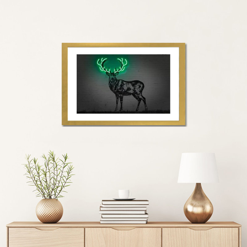 " Deer " by Octavian Mielu, Gold Paper, White, 16" H x 24" W x 1" D