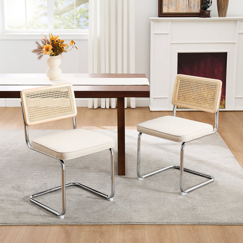 Cream White Linen Upholstered Side Chair with Chrome Legs and Cane Back