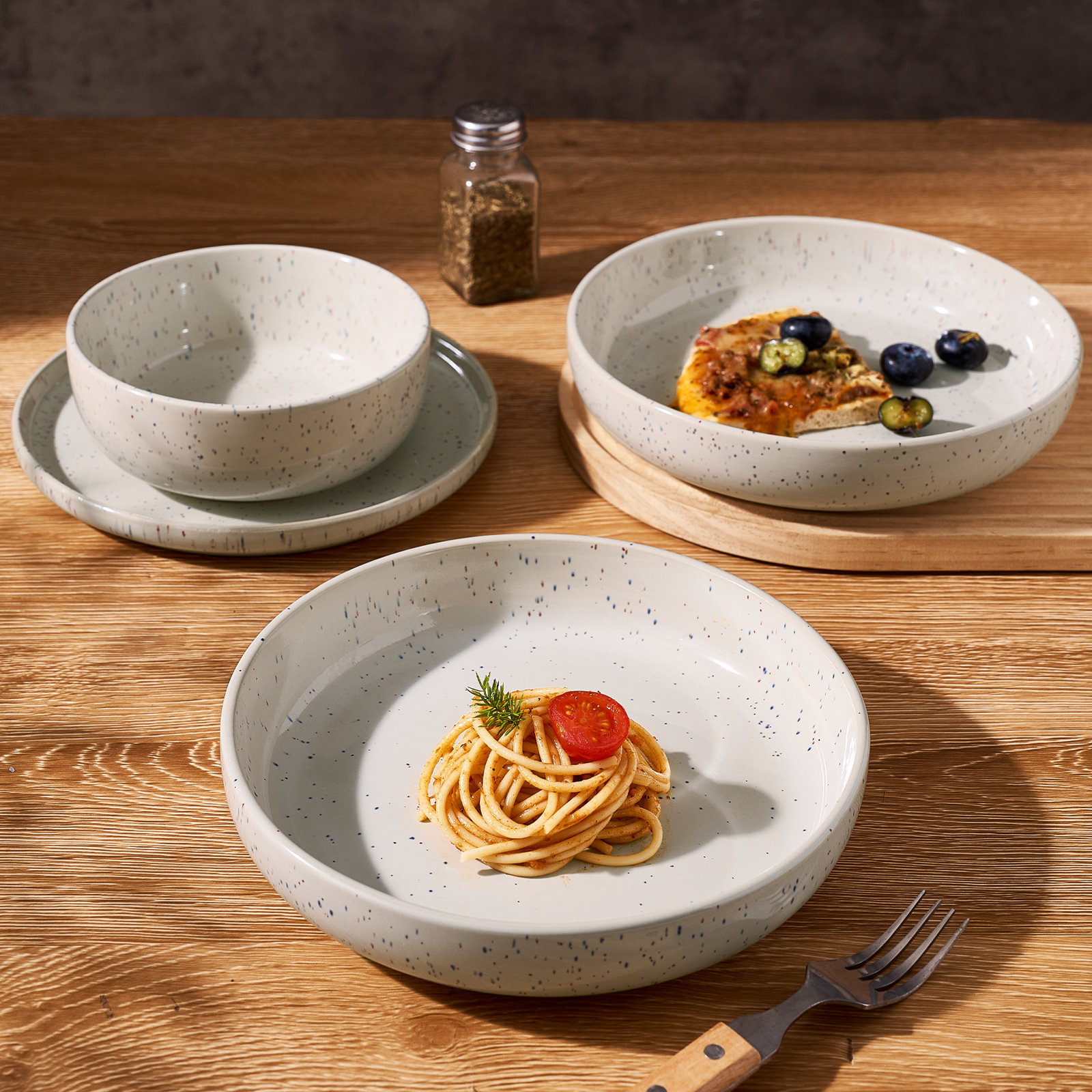 8.5" W Striped Round Pasta Bowls, Creamy White