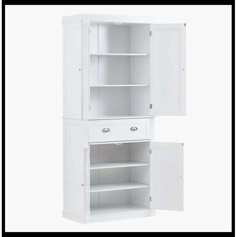Armoire de rangement blanche autoportante de 72 po avec portes, tiroir et 3 tablettes réglables, grand garde-manger utilitaire pour cuisine, salon, salle à manger et buanderie