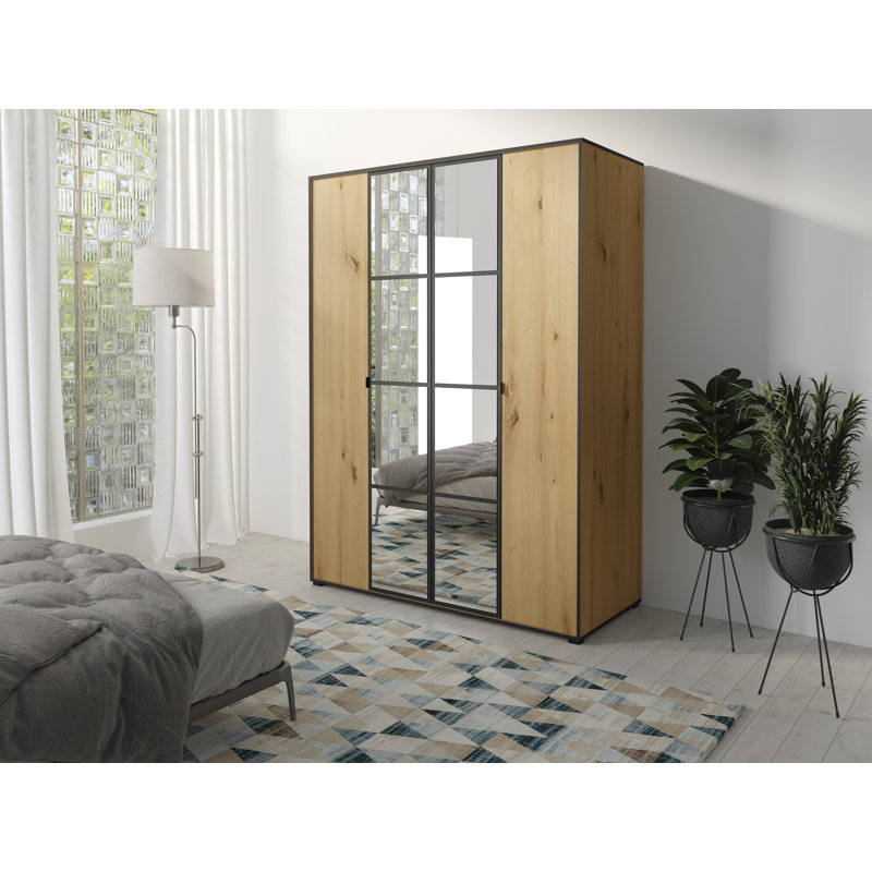 Janaja 2 Door Manufactured Wood Wardrobe,  206cm H x 150cm W x 65cm D, Artisan Oak/Black