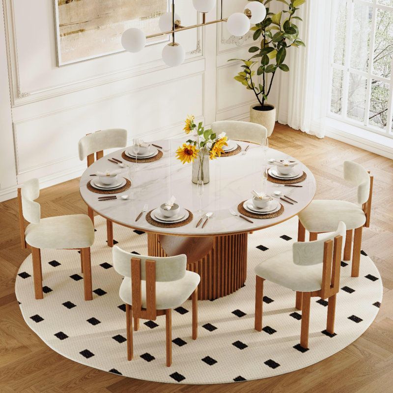 Mid-Century Modern Cotton Linen Wood Dining Chairs, Beige & Light Walnut Side Chairs, Fully Assembled, Light Walnut 