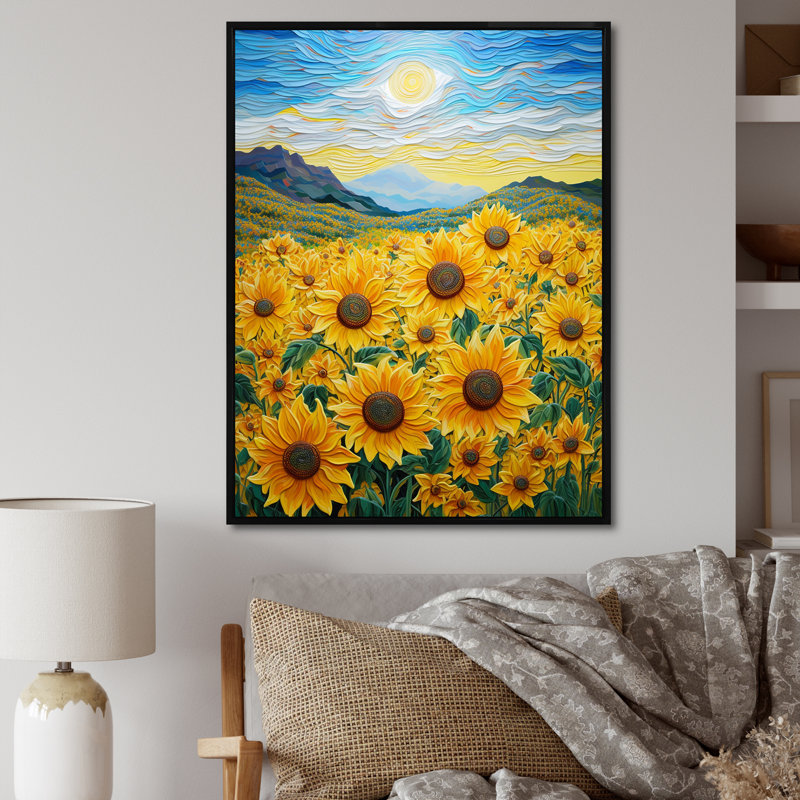 «Vangogh Style Sunflowers Mountains», reproduction sur toile, Cadre flottant noir, H 20 po x l 12 po