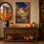 Tableau sur toile d'Halloween représentant une citrouille lumineuse, un fantôme et une chauve-souris au-dessus d'un champ de maïs-78582758