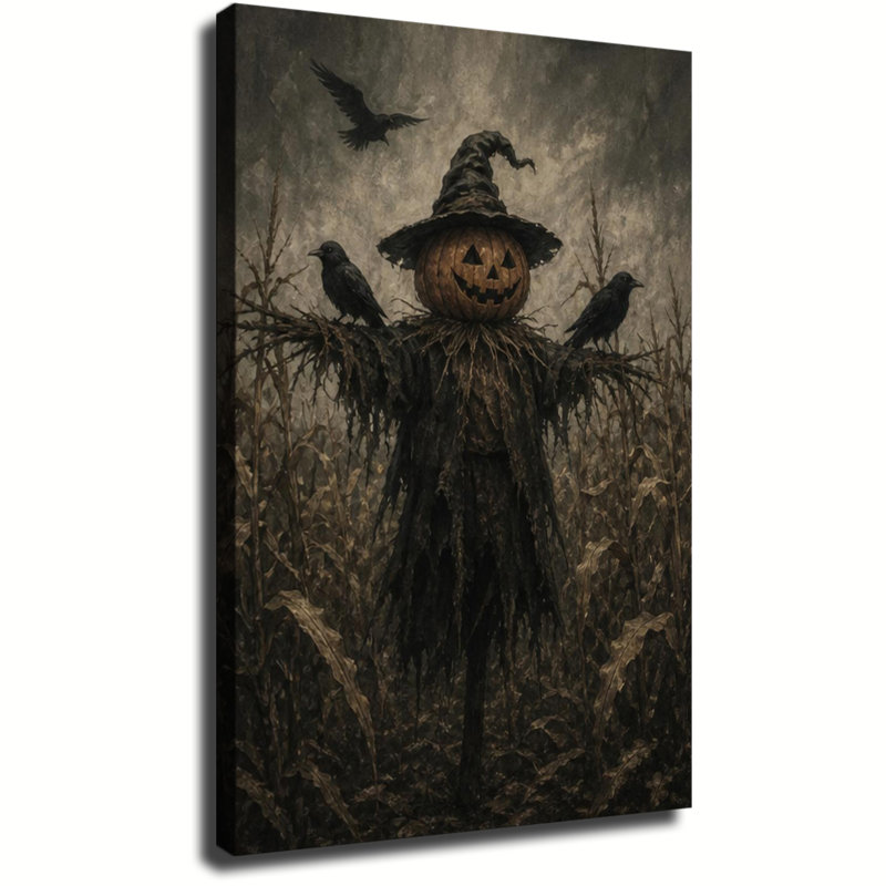Épouvantail à tête de citrouille avec corbeaux dans un champ de maïs - Toile murale rustique pour l'Halloween, 20x24in