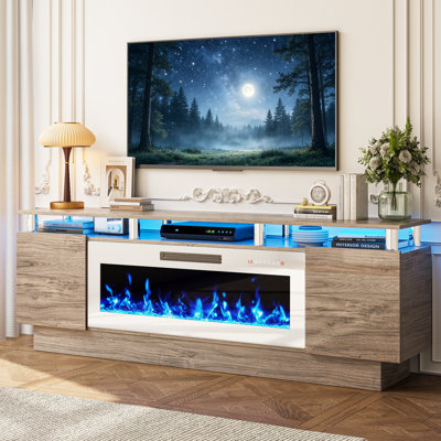Meuble TV Aleila 70 po avec foyer électrique 40 po, console multimédia moderne à 2 niveaux pour salon, placards de rangement laqués brillants avec éclairage DEL, compatible avec les téléviseurs jusqu'à 80 po