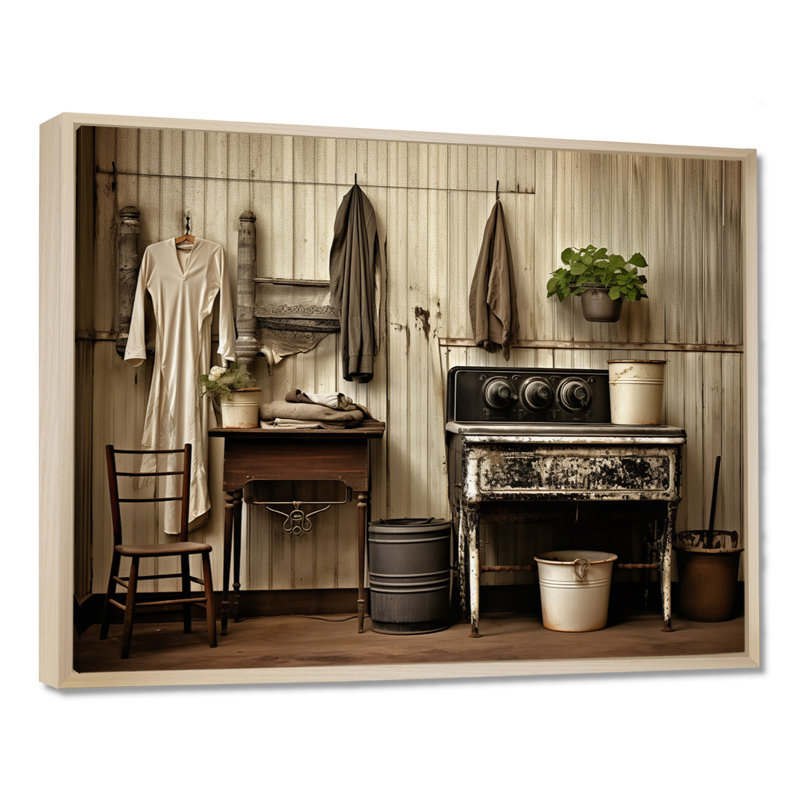 «Farmhouse Laundry Charm III», art mural, H 16 po x l 32 po x P 1 po, Cadre flottant érable