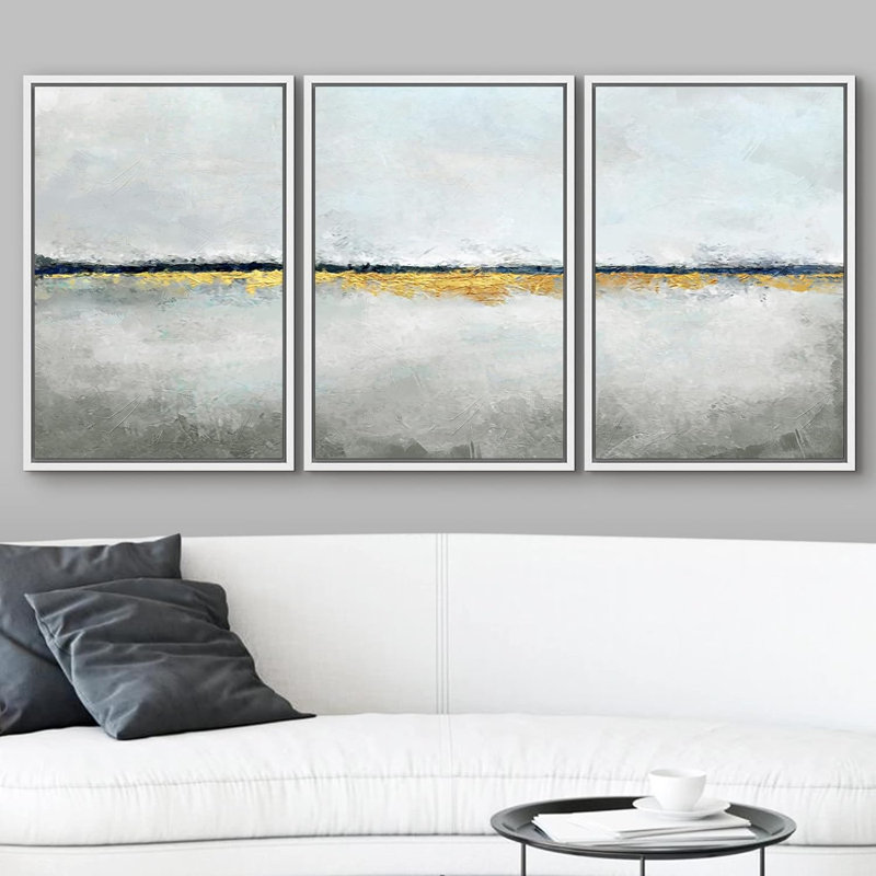 «Minimal Landscape Minimal Pastel Blue Gold Paint Landscape Abstract Shapes Modern Art Decor on Canvas», reproduction de 3 pièces