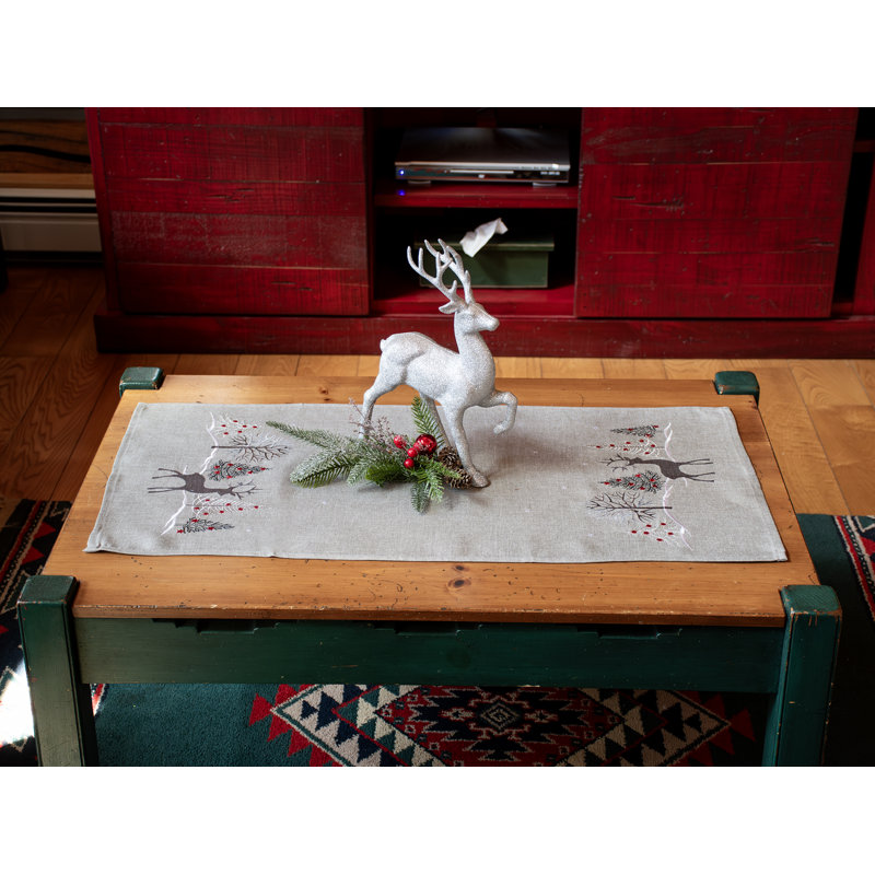 Bonomo Embroidered Reindeer Scene Light Grey Table Runner, 33" x 16"