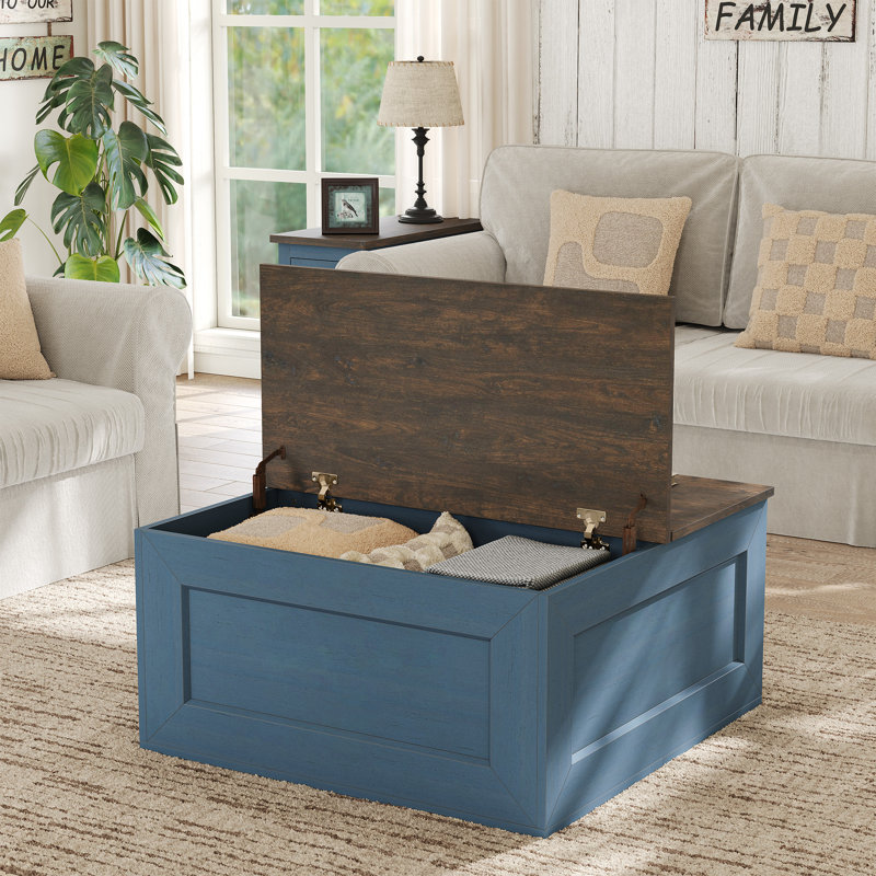 Bork Square Coffee Table For Living Room - 3 Colors Available (Black/Blue/White), Blue/Brown