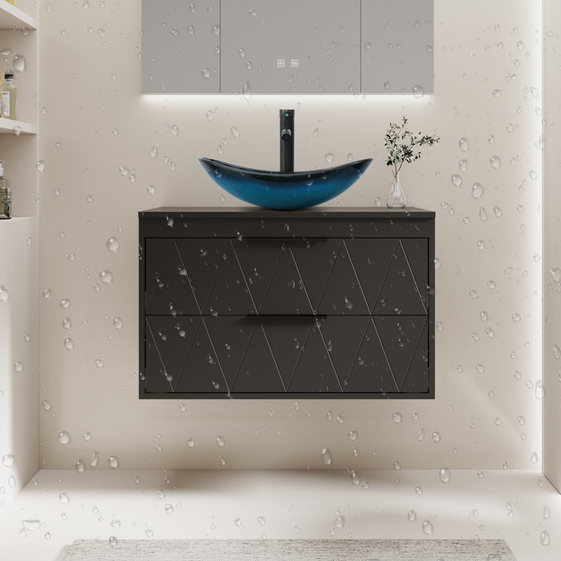Ensemble de meuble-lavabo mural simple 30 po avec lavabo vasque en céramique Sharee, comptoir en bois manufacturé, robinet et bonde Sharee