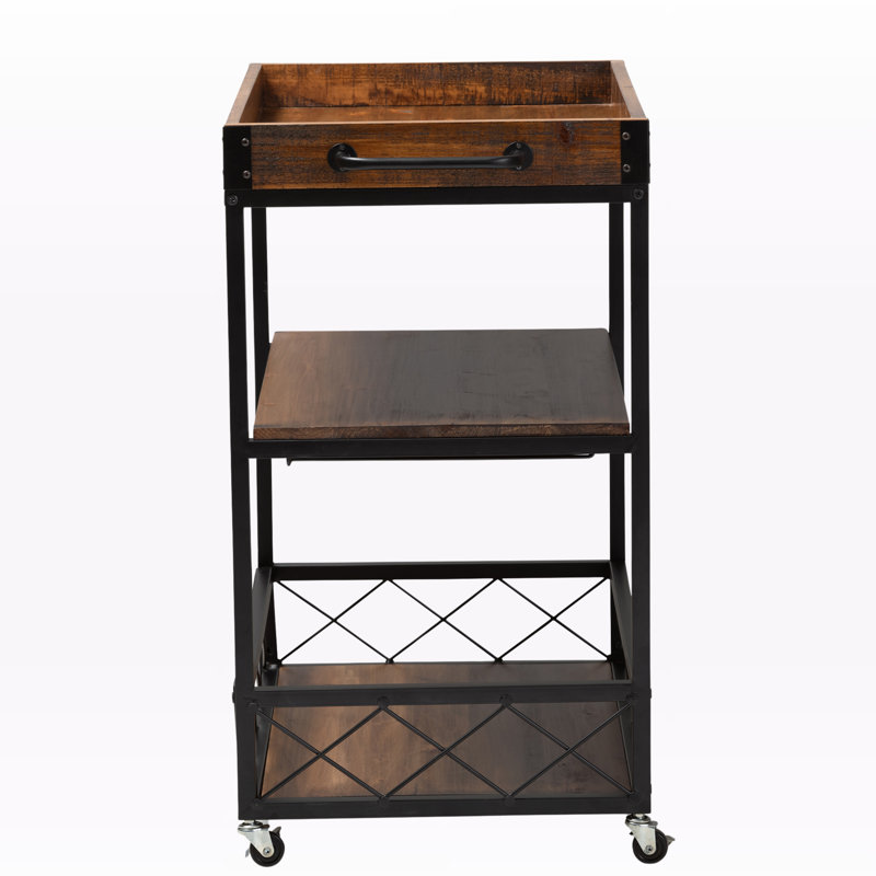 Capri Rustic Oak and Black Metal Mobile Bar Cart with Wine Storage