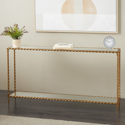 Zanilah Metal Twisted Rope Inspired 1 Shelf Gold Console Table with Mirrored Top and Shelf