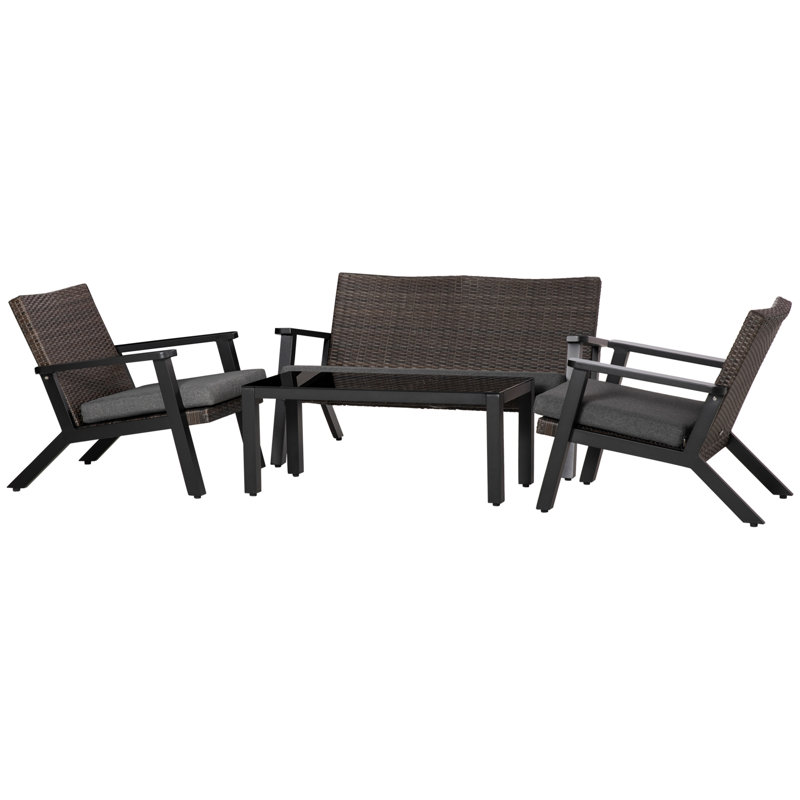 Ensemble de canapé de patio 4 pièces Red Barrel Studio®, canapé d'extérieur en rotin PE avec 2 canapés rembourrés, 1 causeuse et une table basse avec plateau en verre trempé pour le jardin, la cour