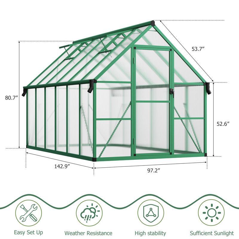 Serre de jardin en polycarbonate 8 po x 12 pi avec évent de toit, porte à poussoir verrouillable et clous de sol pour le jardin ou la cour