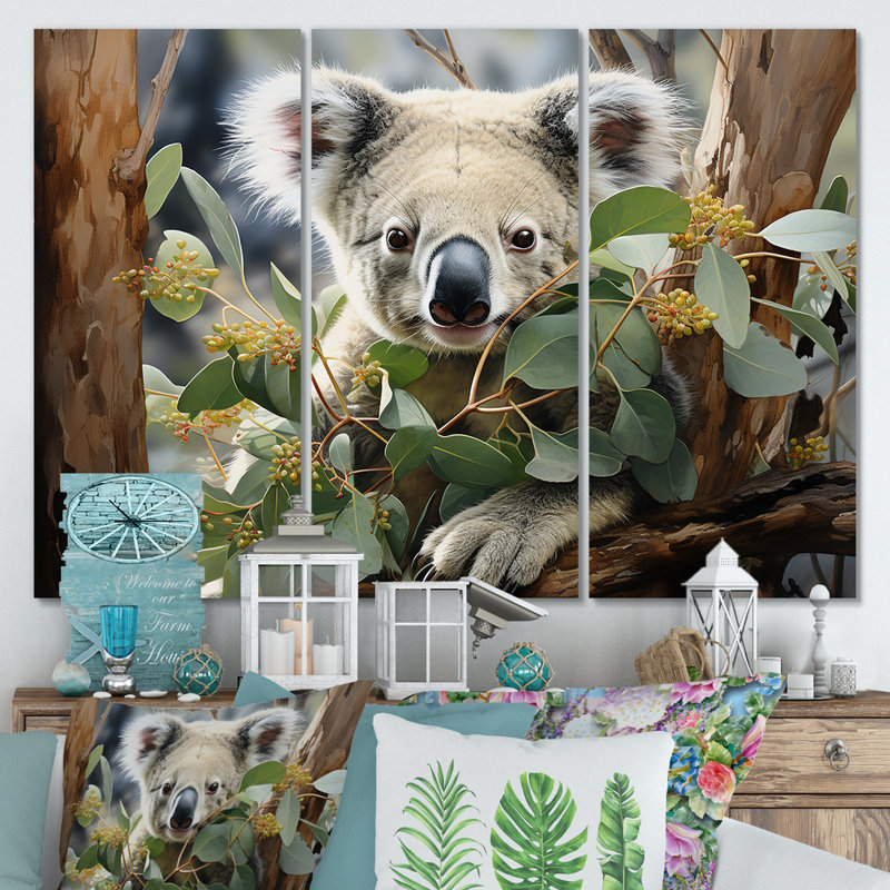 Aquarelle, arbre koala, observateur 2 - art mural koala, H 28 po x l 36 po, Toile tendue