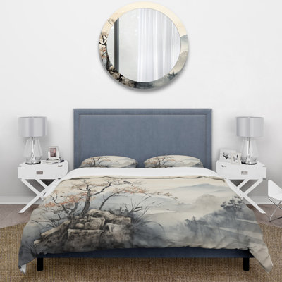 Asian Art Comforter Set of 4 - Asian Art Sumi Bird Serenity XVI With Shams And Throw Pillows