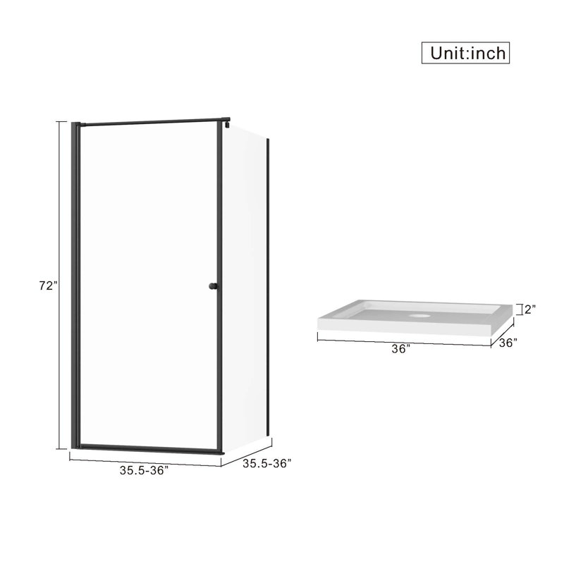 Cabine de douche en coin 36 po x l 36 po x H 72 po avec porte pivotante sans cadre, avec verre trempé transparent de 1/4 po, base de douche incluse