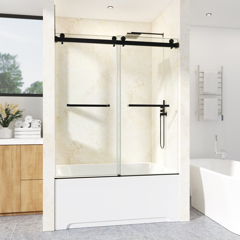 56-61" W  x 60" H Frameless Double Sliding Tub Door with 3/8" (10mm) Clear Tempered Glass, Shatter-Resistant Film & Installation Hole Locator