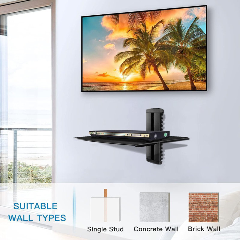Glass Floating Media Shelf, 1-tier Wall-mounted Shelf For Tv Accessories With Flat Black Bracket, 17.6 Lbs Capacity, Cable Management