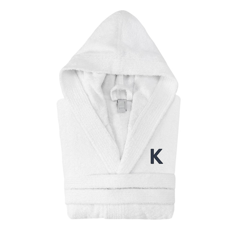 Peignoir monogrammé à capuche en coton turc, K, Blanc