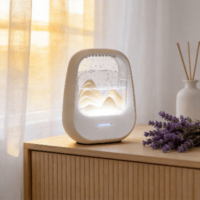 Machine à bruit de pluie blanche avec humidificateur, haut-parleur Bluetooth et diffuseur d'arôme, lumière d'ambiance 7 couleurs et sons naturels pour la chambre à coucher, le bureau et la méditation, beige