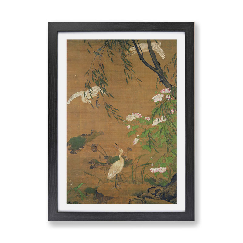 Autumn Egrets & Hibiscus by Lu JI - Single Picture Frame Painting, Black Framed, 33cm H x 45cm W x 2cm D