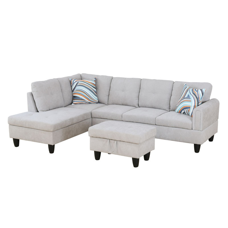Tatman Upholstered L-Shaped Sectional, Left Hand Facing, Gray White Flannelette