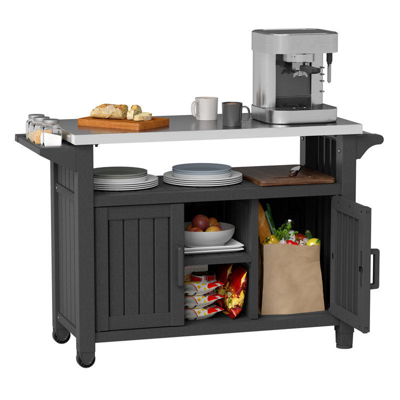 Kitchen Cart With Big Storage Cabinet, Movable Outdoor Dining Cart , Black