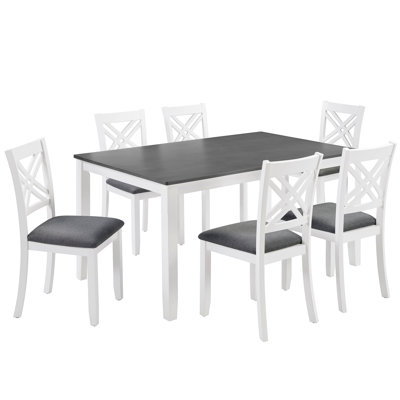 Modern 7-Piece Solid Wood Dining Set with 6 Upholstered Chairs – Rectangular Table for 6, Space-Saving Kitchen & Dining Room Set, Easy Assembly