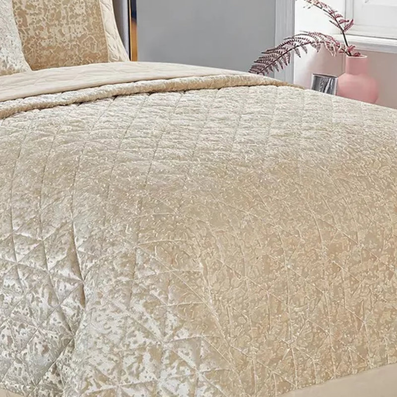 Velvet Plush Crushed Velvet Quilted Coverlet Set – Soft Microfiber Backing, Beige, King Bedspread + Pillowshams