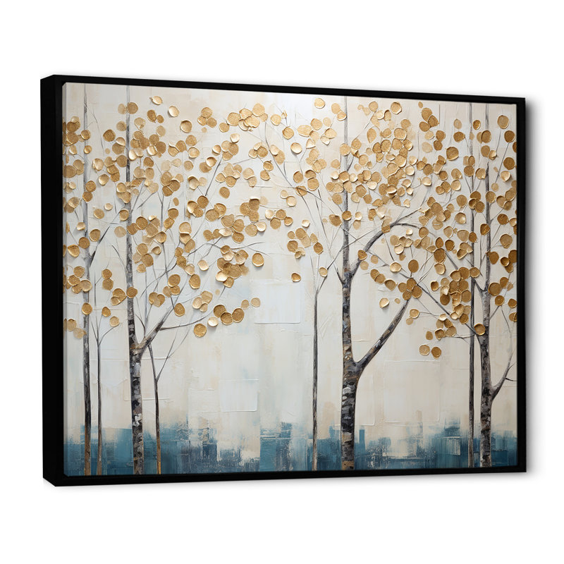 «Gold and Blue Treasure Trees Scenery III», reproduction sur toile, Cadre flottant noir, H 34 po x l 44 po