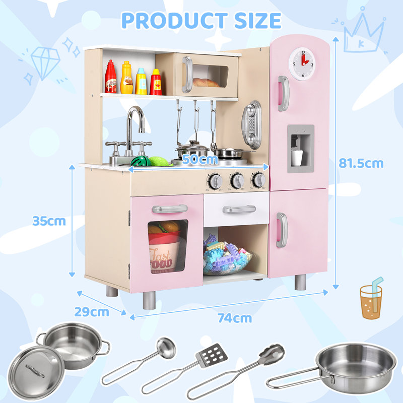 Play Kitchen with Light and Sound, Children's Wooden Kitchen, Doll's Kitchen with Stove, Ice Cream Maker, Telephone, Clock, Children's Kitchen with Accessories, Toy Kitchen for Children from 3 Years' Old, 81x74x30 CM Small Kitchen, Blue Kitchen Set